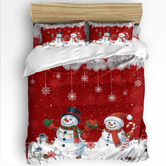 Christmas Twin Size Comforter Set, Red Snowman White Snowflakes Pine Leaf Xmas Box Soft Bedding for All Seasons, 4 Pcs Bed Set with 1 Comforter (68"x86") ,1Sheet(66"x116"), 2 Pillowcases (19"x29")