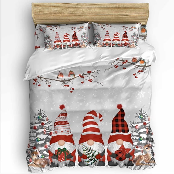 Christmas Twin Size Comforter Set, Red Xmas Dwarf Pine Tree Branches Deer Bird Grey Soft Bedding for All Seasons, 4 Pcs Bed Set with 1 Comforter (68"x86") ,1Sheet(66"x116"), 2 Pillowcases (19"x29")