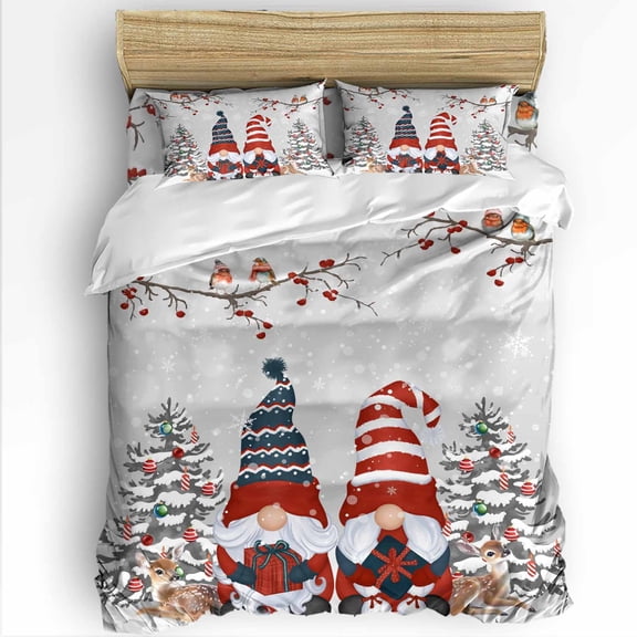Christmas Twin Size Comforter Set, Red Xmas Gnomes Pine Tree Branches Deer Bird Grey Soft Bedding for All Seasons, 4 Pcs Bed Set with 1 Comforter (68"x86") ,1Sheet(66"x116"), 2 Pillowcases (19"x29")