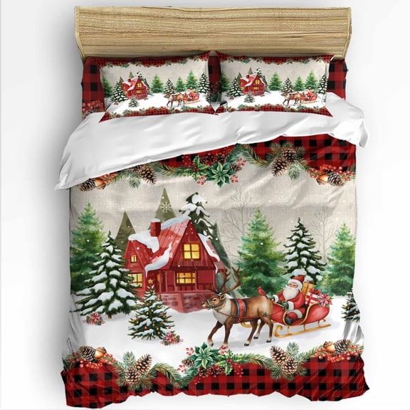 Christmas Twin Size Comforter Set, Reindeer Sled Cottage Snowflakes Trees Linen Red Plaid Bedding for All Seasons, 4 Pcs Bed Set with 1 Comforter (68"x86") ,1Sheet(66"x116"), 2 Pillowcases (19"x29")