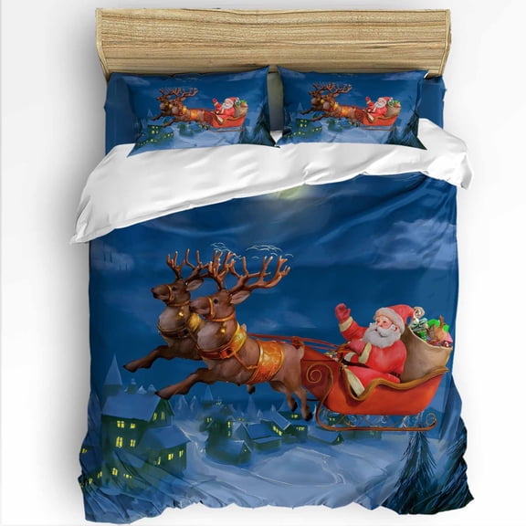 Christmas Twin Size Comforter Set, Santa Claus Reindeer Winter Countryside Landscape Soft Bedding for All Seasons, 4 Pcs Bed Set with 1 Comforter (68"x86") ,1Sheet(66"x116"), 2 Pillowcases (19"x29")