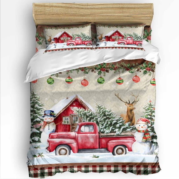 Christmas Twin Size Comforter Set, Snowman Truck Farm Elk Snowflakes Winter Soft Bedding for All Seasons, 4 Pcs Bed Set with 1 Comforter (68"x86") ,1Sheet(66"x116"), 2 Pillowcases (19"x29")