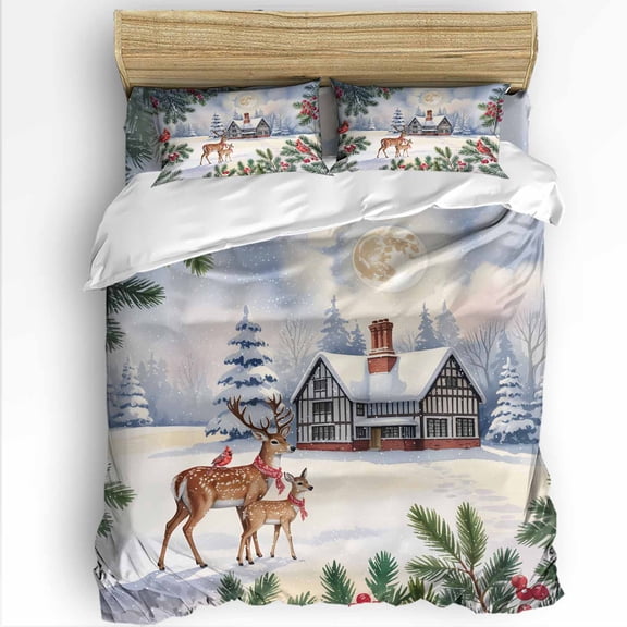 Christmas Twin Size Comforter Set, Vintage Winter Deer Woodhouses Forest Country Scene Bedding for All Seasons, 4 Pcs Bed Set with 1 Comforter (68"x86") ,1Sheet(66"x116"), 2 Pillowcases (19"x29")