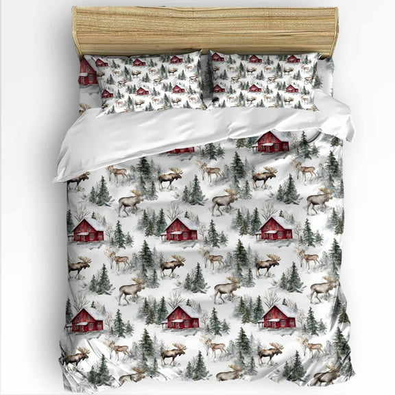 Christmas Twin Size Comforter Set, Winter Farmhouse Xmas Pine Tree Deer Countryside Soft Bedding for All Seasons, 4 Pcs Bed Set with 1 Comforter (68"x86") ,1Sheet(66"x116"), 2 Pillowcases (19"x29")