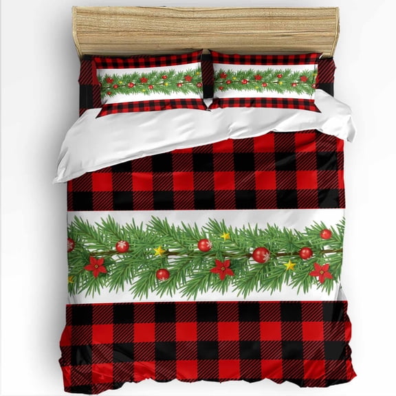 Christmas Twin Size Comforter Set, Winter Pine Leaves Xmas Ball Red Black Plaid Soft Bedding for All Seasons, 4 Pcs Bed Set with 1 Comforter (68"x86") ,1Sheet(66"x116"), 2 Pillowcases (19"x29")