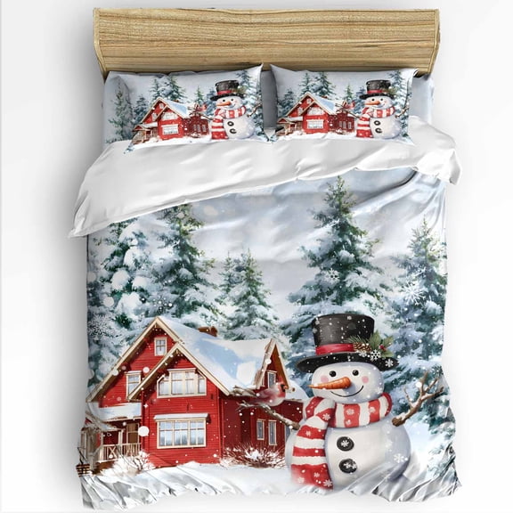 Christmas Twin Size Comforter Set, Winter Red Snowman Farmhouse Xmas Trees Snowfall Soft Bedding for All Seasons, 4 Pcs Bed Set with 1 Comforter (68"x86") ,1Sheet(66"x116"), 2 Pillowcases (19"x29")