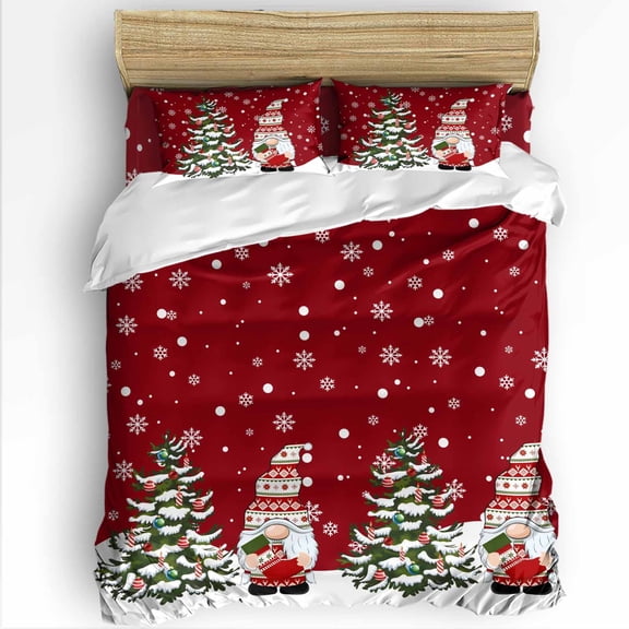 Christmas Twin Size Comforter Set, Xmas Gnome Christmas Tree Winter Snowflakes Red Soft Bedding for All Seasons, 4 Pcs Bed Set with 1 Comforter (68"x86") ,1Sheet(66"x116"), 2 Pillowcases (19"x29")