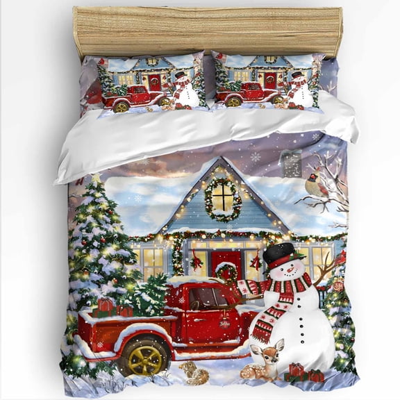 Christmas Twin Size Comforter Set, Xmas Snowman Truck Bird Pine Tree House Snow Scene Soft Bedding for All Seasons, 4 Pcs Bed Set with 1 Comforter (68"x86") ,1Sheet(66"x116"), 2 Pillowcases (19"x29")