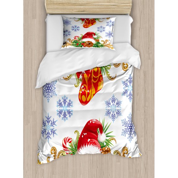 Christmas Twin Size Duvet Cover Set, Classical Traditional Design with Stocking and Santa Claus Hat Mistletoe Snowflakes, Decorative 2 Piece Bedding Set with 1 Pillow Sham, Multi, by Ambesonne