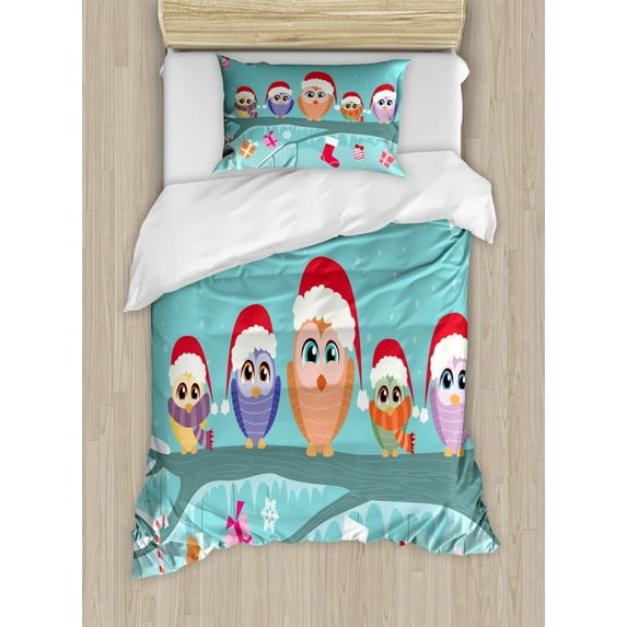 Christmas Twin Size Duvet Cover Set, Cute Owl Family Sitting on Tree Branch Like Little Elves of Noel Animal Design, Decorative 2 Piece Bedding Set with 1 Pillow Sham, Multicolor, by Ambesonne