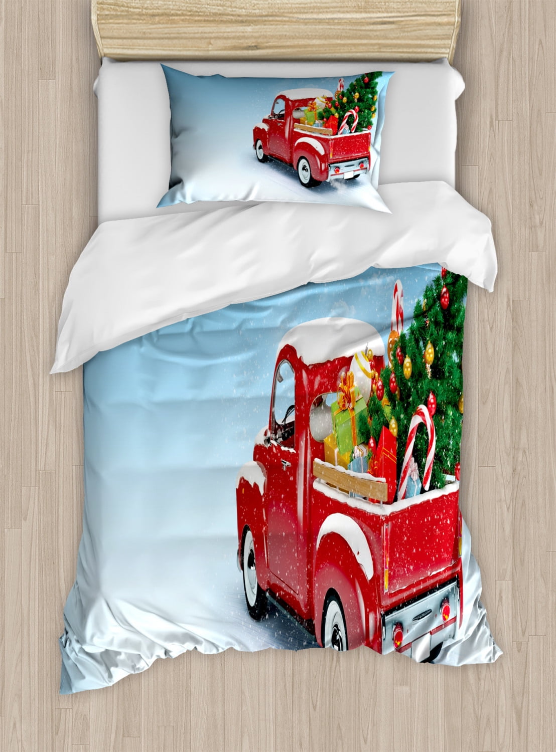 Twin Red and Blue Christmas Truck Duvet Cover Set