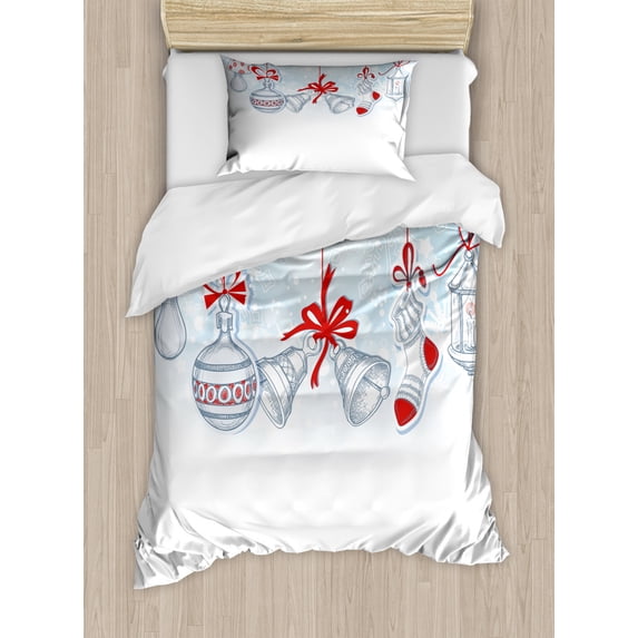 Christmas Twin Size Duvet Cover Set, Retro Style Famous Socks for Toy and Candy Bells and Snowflake Graphic Design, Decorative 2 Piece Bedding Set with 1 Pillow Sham, White Red, by Ambesonne