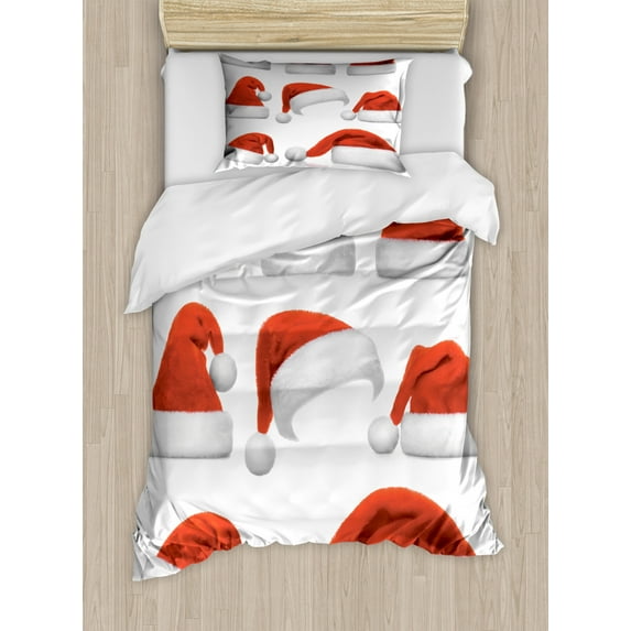 Christmas Twin Size Duvet Cover Set, Set of Classical Santa Claus Hats Xmas New Year Celebration Tradition Party Theme, Decorative 2 Piece Bedding Set with 1 Pillow Sham, Red White, by Ambesonne