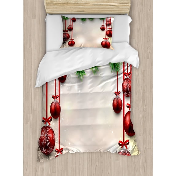 Christmas Twin Size Duvet Cover Set, Xmas Traditional Winter Season Theme Fir Twigs and Vibrant Balls Graphic Print, Decorative 2 Piece Bedding Set with 1 Pillow Sham, Green Red, by Ambesonne