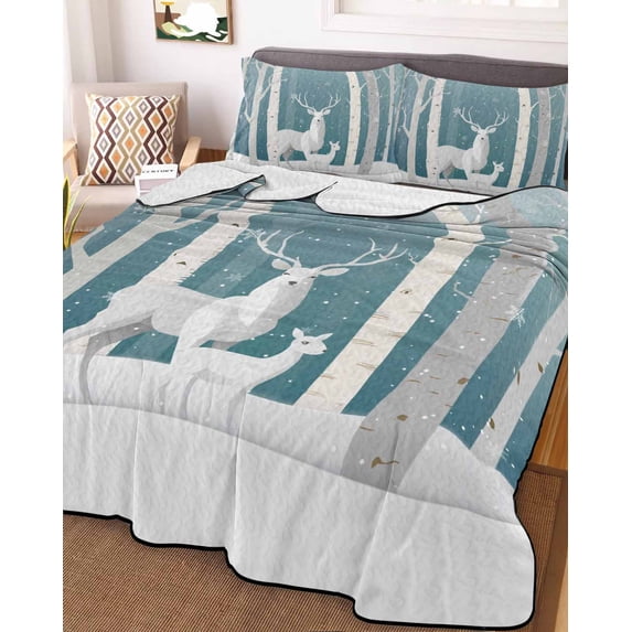Christmas Twin XL Size Down Alternative Comforter, Lightweight Comforter Quilt Bedding Set with Pillow Shams Winter Elk Blue Forest White Trees Snowflakes Bed Comforter Duvet Insert 68"x98"