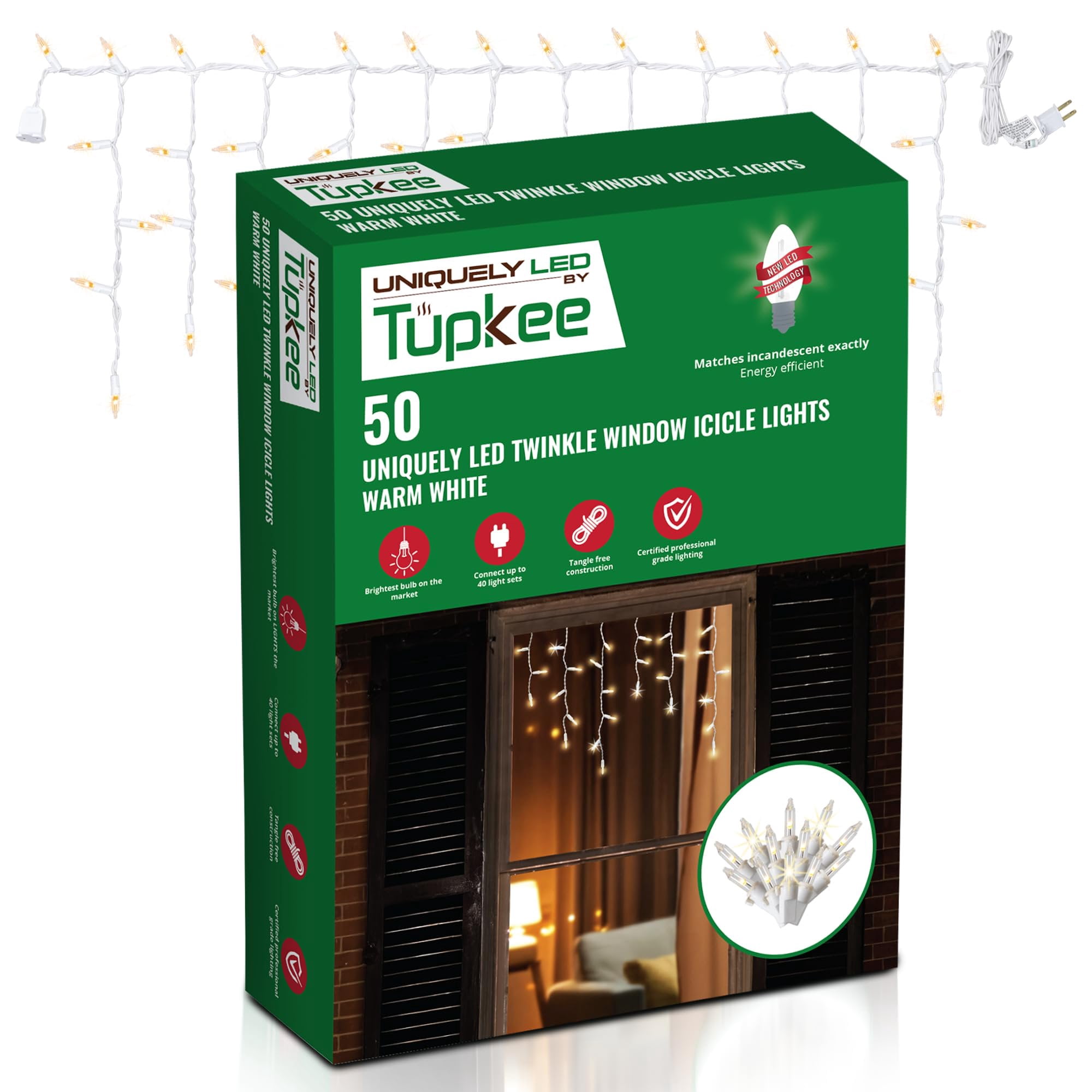 Christmas Twinkle Window Icicle Lights - Uniquely LED, Matches Incandescent Exactly - 3 Feet String 0.91m - 10 of 50 Bulbs Twinkle Random - 50 LED Warm White Bulb - Twinkling Icicle Christmas Lights