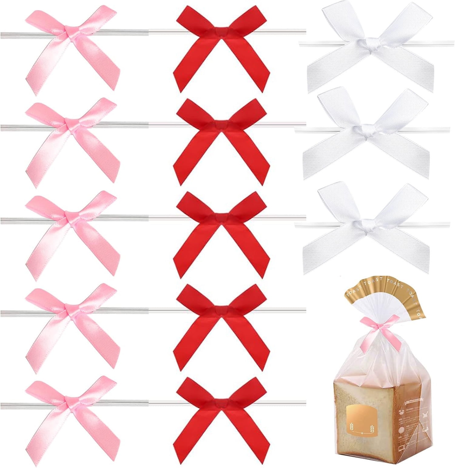 Christmas Twist Tie Bows,300 Pcs Satin Ribbon Twist Tie Bows, 2.75'' Pre-Tie DIY Craft Bows for Treat Bags,Mini Christmas Bows for Candy Bags, Christmas, Wedding, Party Present Decoration (Multicolor)