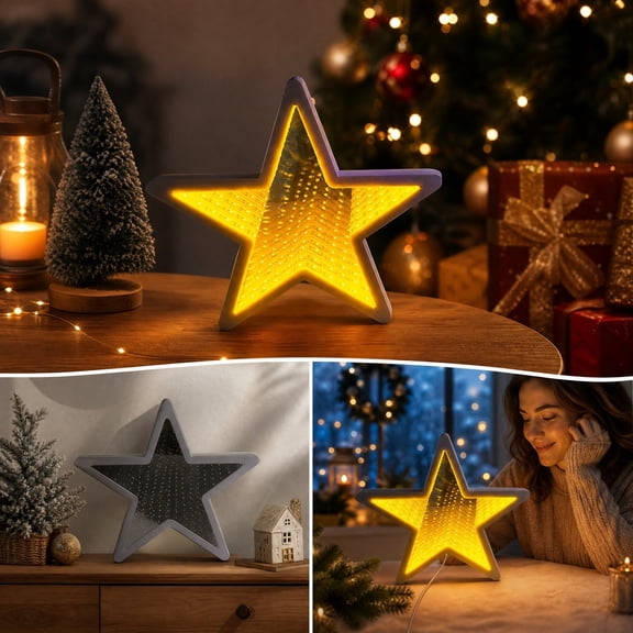 Christmas USB LED Infinity Mirror Light, Adjustable Brightness Holiday Accent, Christmas Mirror Lamp, USB Holiday Light for Desk, Wall, Shelf, Bedroom and Living Room, 12x12x0.7in, Star