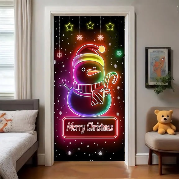 Christmas UV Fluorescent Door Banner 90x180cm, Holiday Party Background Hanging Cloth for Indoor Outdoor Xmas Decor, Glow in The Dark Party Supplies,A