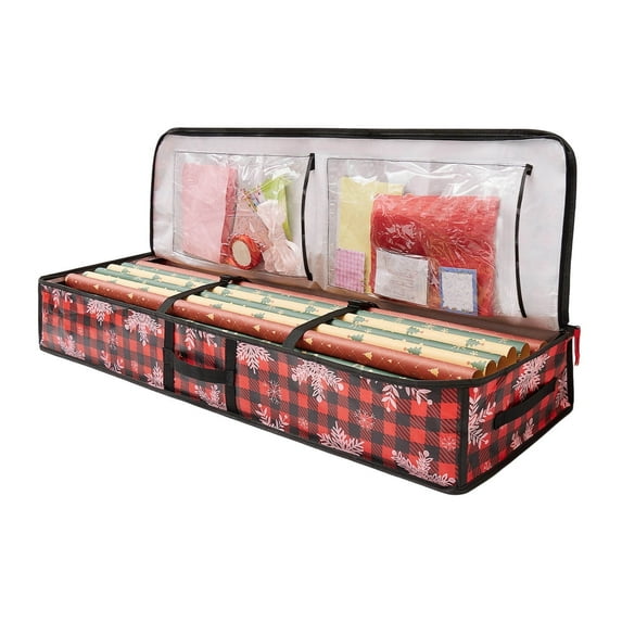 Christmas Underbed Wrapping Paper Organizers Storage Gift Wrap Container Ornament Storage Box with Interior Pockets, Hold up to 20 Rolls, 41 W x 14 D x 6 H (Red Checkered)