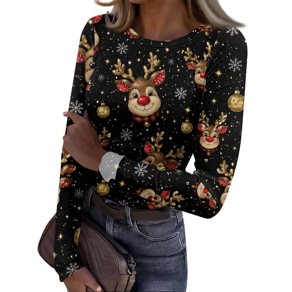 Christmas Underscrub Long Sleeve Women Ribbed Fitted Slim Novelty Xmas Snowflake Reindeer Print Tee Blouses Trendy Fall Basic Party Crew Neck Casual T-Shirts