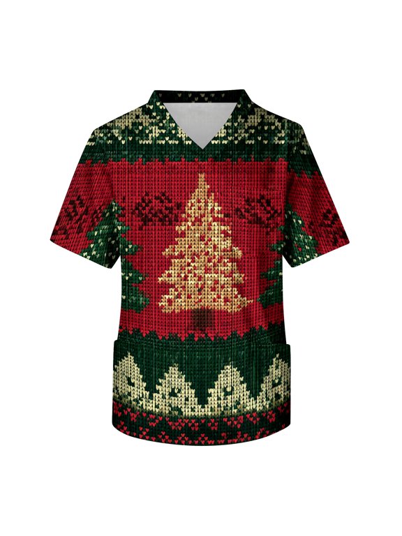 Christmas Underscrub Shirt Short Sleeve V Neck Pullover Breathable Work Uniform Shirt with Chest Pocket Relaxed Fit Holiday Workwear Tunic Top for Care Multicolor S