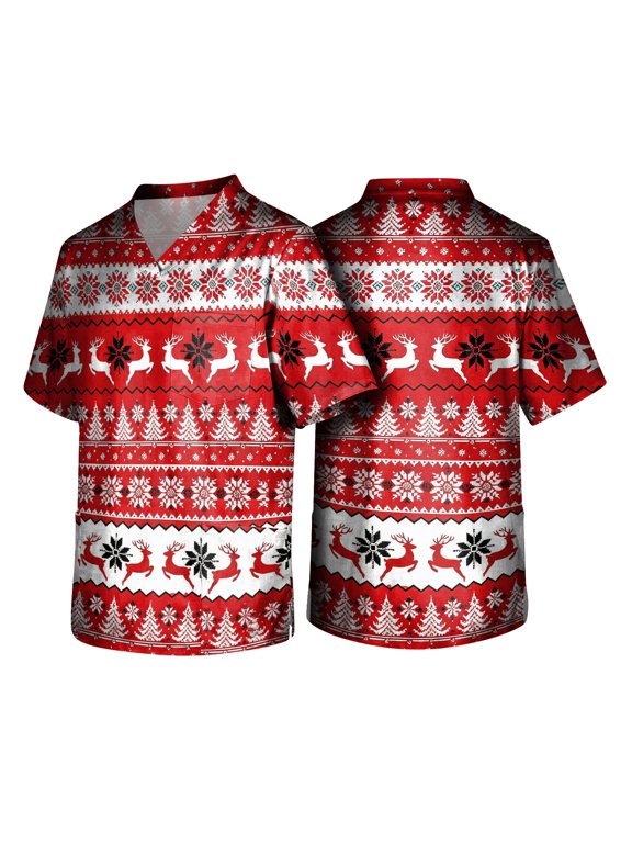 Christmas Underscrub Shirt Short Sleeve V Neck Pullover Soft Work Uniform Shirt with Chest Pocket Relaxed Fit Holiday Workwear Tunic Top for Care Multicolor M