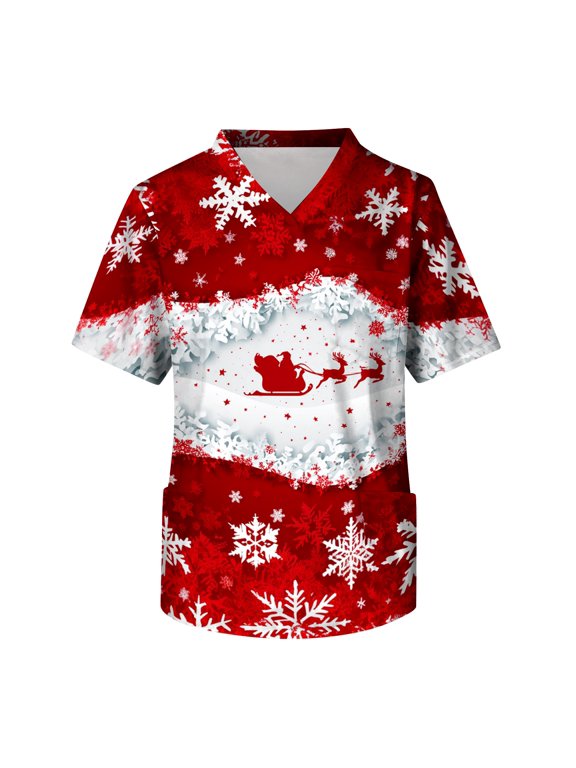 Christmas Underscrub Shirt Short Sleeve V Neck Pullover Stretchy Work Uniform Shirt with Chest Pocket Relaxed Fit Holiday Workwear Tunic Top for Care Multicolor XL