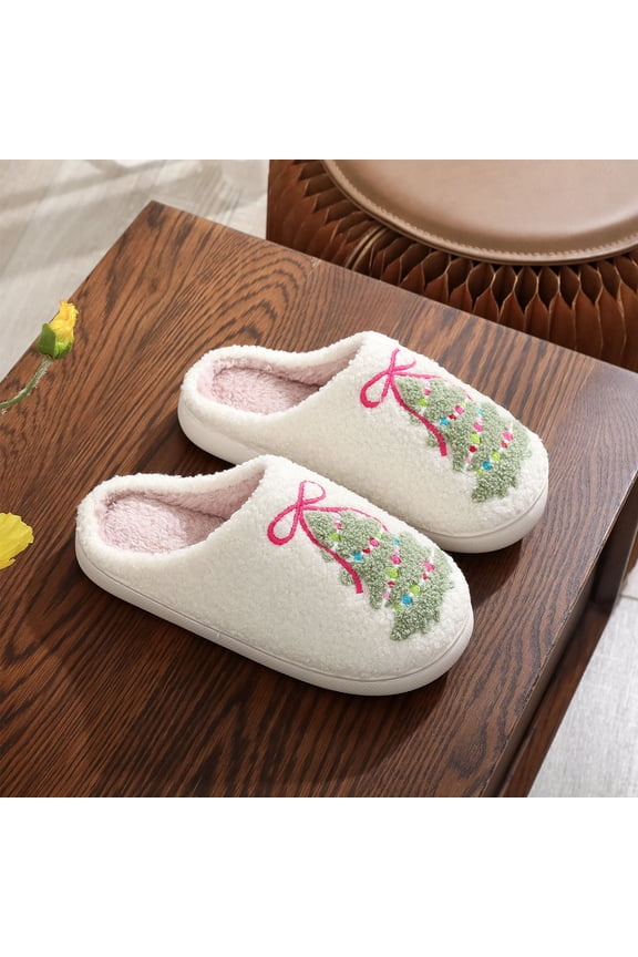 Christmas Unisex Slippers for Men Women Flat Heel Close Toe Slip-on Indoor House Shoes Christmas Tree Outdoor Warm Winter Home Slippers White#01 7.5
