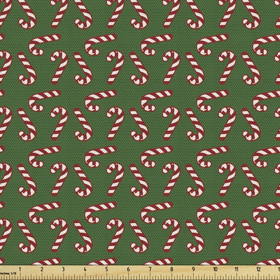 Christmas Upholstery Fabric by the Yard, Candy Canes and Lollipops Classical Pattern for Holiday Xmas, Decorative Fabric for DIY and Home Accents, Green Red White by Ambesonne