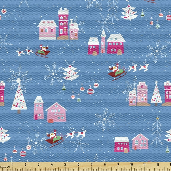 Ambesonne Christmas Fabric by the Yard Upholstery, Cartoonish Noel Scenery, 1 Yard, Sea Blue Multicolor