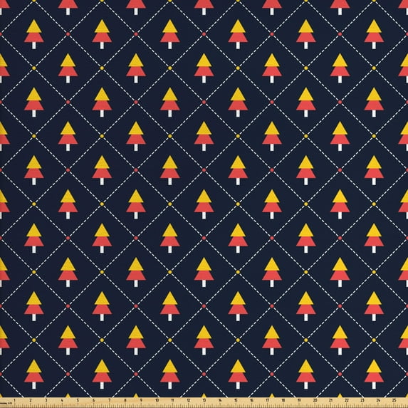 Christmas Upholstery Fabric by the Yard, Checkered Diagonal Pattern with Dashed Lines and Dots Small Abstract Pine Trees, Decorative Fabric for DIY and Home Accents, Multicolor by Ambesonne