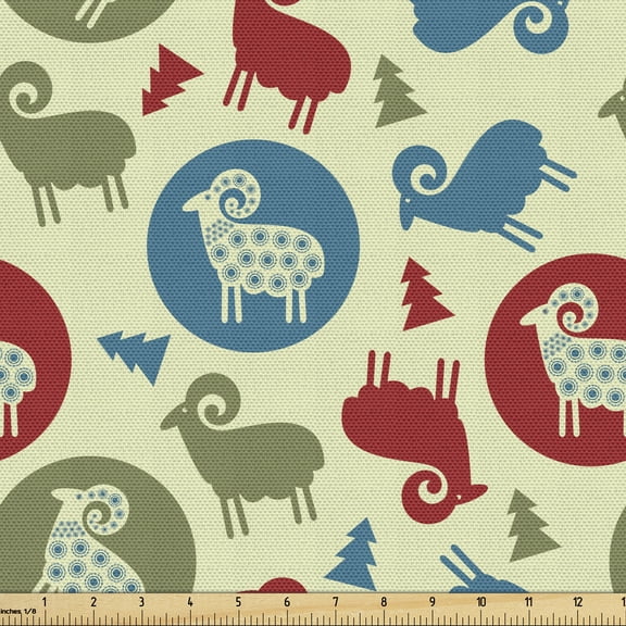 Ambesonne Christmas Fabric by the Yard Upholstery, Pine Tree Ram, 1 Yard, Multicolor