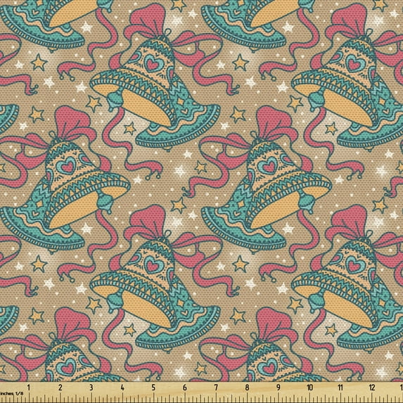 Christmas Upholstery Fabric by the Yard, Noel Bells with Ribbons and Stars Happy New Year Yule Celebration Theme, Decorative Fabric for DIY and Home Accents, Tan and Multicolor by Ambesonne
