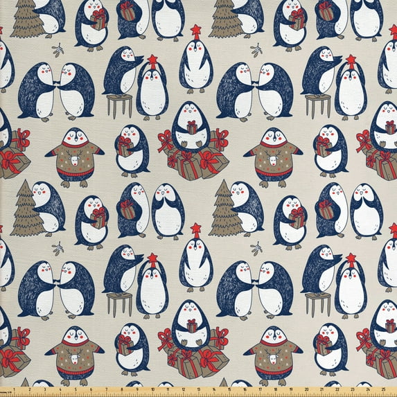 Ambesonne Christmas Fabric by the Yard Upholstery, Grunge Penguins Boxes, 2 Yards, Navy Blue White Umber