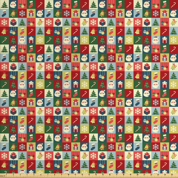 Ambesonne Christmas Fabric by the Yard Upholstery, Santa Gift Boxes Squares, 2 Yards, Multicolor