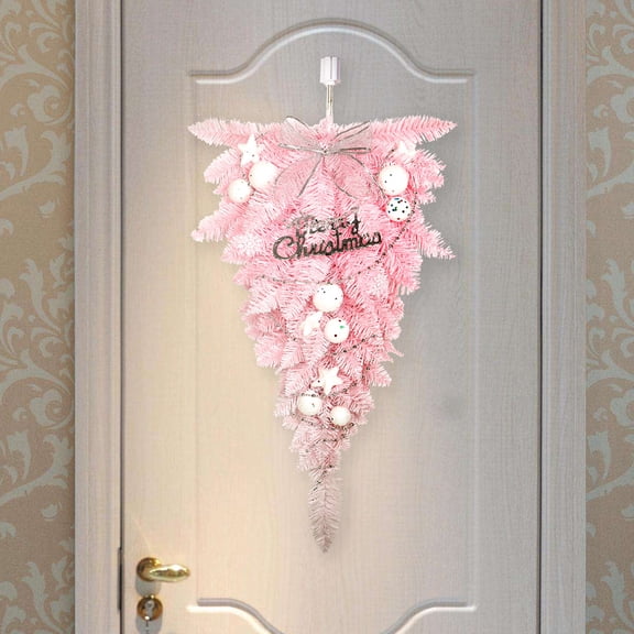 Christmas Upside Down Tree For Front Door Christmas Wreath Pink Wreath With Star & String Light Holiday Party Celebration Decoration Window Wall Hanging Home Decor