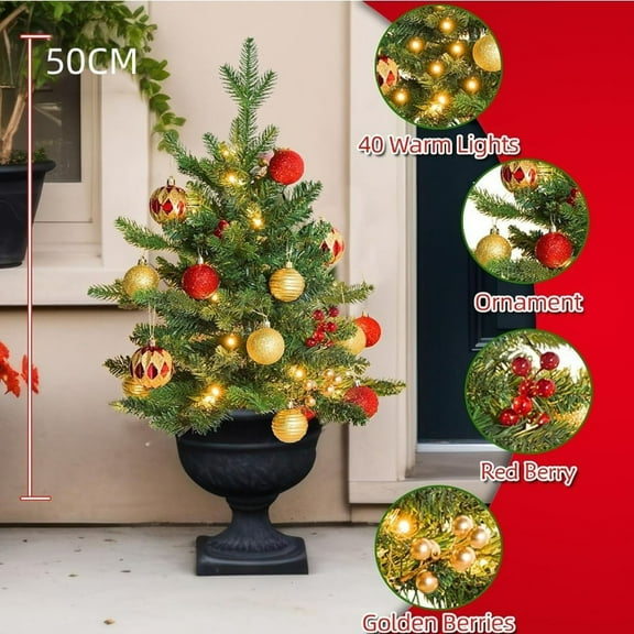 Christmas Urn Filler Outdoor, Christmas Planters for Outside, Prelit Christmas Tree Holiday Planter with Lights, Christmas Pot Fillers LED Lighted Artificial Xmas Trees with Red Berries for Porch