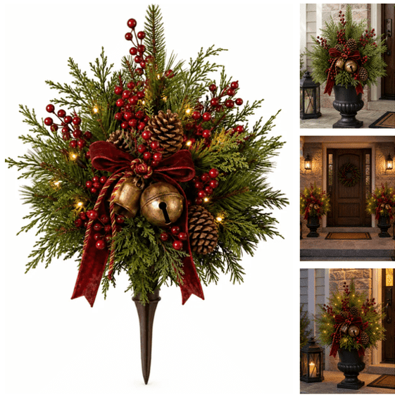 Christmas Urn Fillers 22 Inch Artificial Pine Picks Pine Cones Red Berry for Stair Landing Corner Vase Cozy Festive Christmas Home Decor