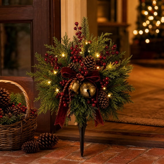 Christmas Urn Fillers 23.62 Inch Artificial Pine Picks Pine Cones Red Berry (1pc), Holiday Greenery with Bells and Red Ribbon for Porch Planter Decor