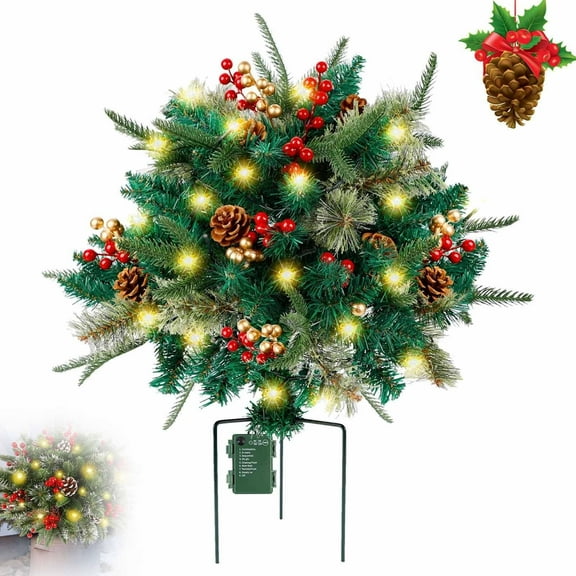 Christmas Urn Fillers for Outdoor Planters,Pre-lit Artificial Christmas Tree Urn Filler,Pre-lit Xmas Pine Trees with Cones,Golden & Red Berries,Outdoor Light Up Planter Filler Holiday Home Decor