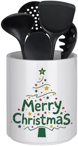 Christmas Utensil Holder Ceramic Cooking Utensil Holder for Kitchen Counter Green Xmas Tree Utensils Holder, Large Spatula Holder Glossy White Christmas Gift Kitchen Decor （6.5”H x 5.5”D）