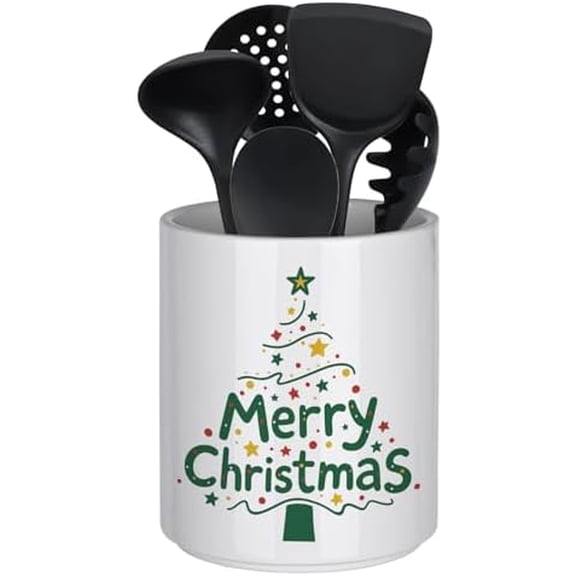Christmas Utensil Holder Ceramic Cooking Utensil Holder for Kitchen Counter Green Xmas Tree Utensils Holder, Large Spatula Holder Glossy White Christmas Gift Kitchen Decor （6.5”H x 5.5”D）