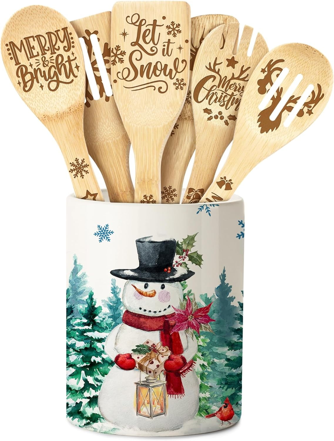 Christmas Utensil Holder, Ceramic Kitchen Utensil Holder with Bamboo Spoons as Christmas Kitchen Decor, Kitchen Utensil Organizer for Snowman Decor (5.12" x 5.12" x 6.3")