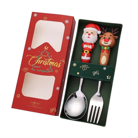 Christmas Utensil Set, Stainless Steel Spoon and Fork with Festive Handle, 2 Pack Holiday Flatware for Kids