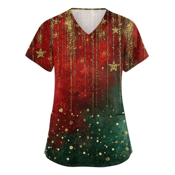 Christmas V Neck Scrub Tops Women Short Sleeve Snowman V-Neck Working Nursing Uniform Christmas Tree Snowflake Printed Plus Size Scrub Shirts Stretch Fall Cotton Nurse T Shirts Green XXL