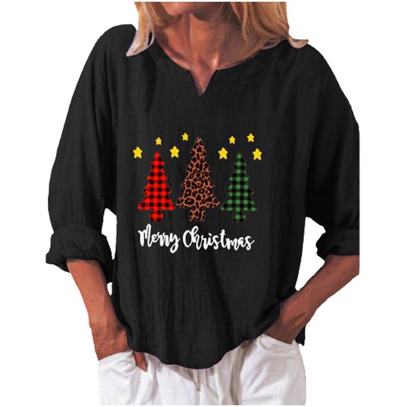 Christmas V Neck Shirt for Women Funny Xmas Tree Long Sleeve Graphic Linen Tee Holiday Family Party Winter Tops