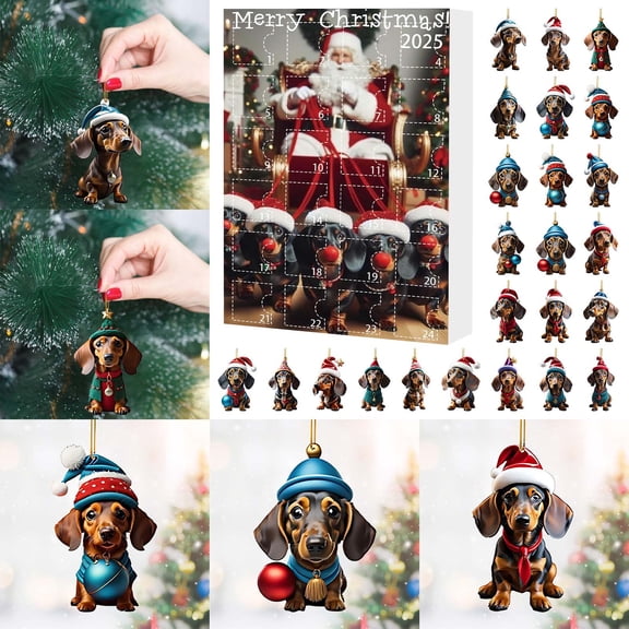 Christmas Vacation Advent Calendar 2025 - Dachshund Themed Collectible Pendant Set, 24 Days Acrylic Dog Figures for Xmas Tree Decor, Festive Countdown Gift Idea