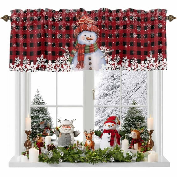 Christmas Valance Curtain for Windows Snowman Xmas Black and Red Buffalo Plaid Curtain Valances Short Window Treatments Panels for Kitchen Bathroom Laundry Room Basement 56 x 16 Inch