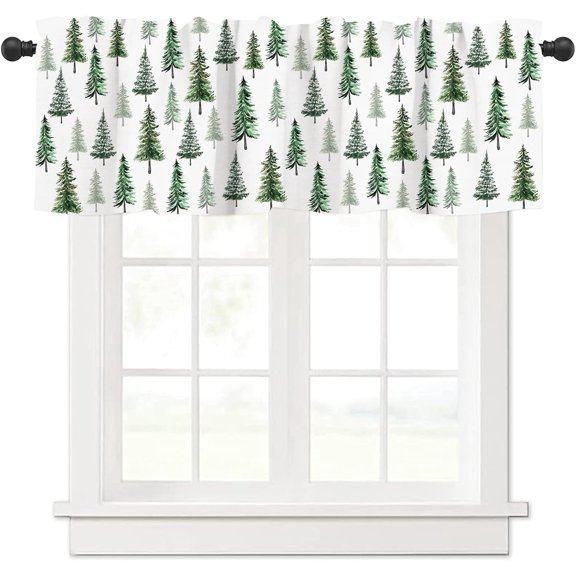 Christmas Valance Curtain for Kitchen Windows, 54x18 Inch Xmas Tree Holiday Design, Rod Pocket Window Treatment for Xmas Decor, Living Room, Cafe